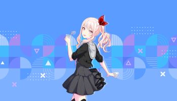 1other :p akiyama_mizuki black_shirt black_skirt blue_background candy colorful_palette food game_cg grey_sailor_collar hair_ornament highres holding holding_candy holding_food holding_lollipop lollipop looking_at_viewer looking_back official_art pink_eyes pink_hair project_sekai sailor_collar shirt side_ponytail sidelocks skirt solo striped_clothes striped_skirt third-party_source tongue tongue_out triangle
