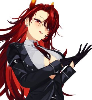 Rule 34 | 1girl, :q, adjusting clothes, adjusting gloves, barbell piercing, belt, black gloves, black jacket, breasts, buckle, cleavage, clothing cutout, curtained hair, dola (8th costume) (nijisanji), dola (nijisanji), dragon girl, dragon horns, ear piercing, earrings, from below, gloves, gradient horns, hair between eyes, half gloves, high belt, highres, horns, industrial piercing, jacket, jewelry, large breasts, licking lips, light blush, long hair, long sleeves, looking at viewer, multicolored horns, necktie, nijisanji, orange horns, parted hair, piercing, putting on gloves, red eyes, red hair, red horns, sasha f, shirt, side part, silver earrings, smile, solo, tongue, tongue out, underboob cutout, underbust, upper body, very long hair, virtual youtuber, white background, white shirt