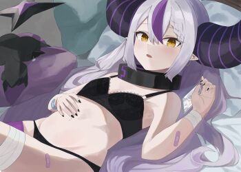 1girl absurdres bandaged_leg bandaged_wrist bandages bandaid bandaid_on_arm bandaid_on_thigh barbell_piercing black_bra black_horns black_nails black_panties blush bow bowtie bra braid braided_bangs collar commentary cowboy_shot crow_(la+_darknesss) demon_horns double-parted_bangs ear_chain ear_piercing embarrassed evening_rabbit fingernails grey_hair groin hand_on_own_stomach hand_up highres hololive horns huge_horns industrial_piercing la+_darknesss linked_piercing long_hair looking_at_viewer metal_collar nail_polish navel on_bed open_mouth orange_bow orange_bowtie panties piercing pillow pointy_ears purple_streaks purple_thighhighs sharp_fingernails single_hair_streak single_thighhigh slit_pupils solo striped_horns thighhighs underwear underwear_only very_long_hair virtual_youtuber yellow_eyes