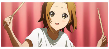 Rule 34 | 1girl, 46 crt, absurdres, border, brown eyes, brown hair, commentary request, curtains, drumsticks, highres, holding, holding drumsticks, k-on!, shirt, short hair, short sleeves, solo, stage curtains, t-shirt, tainaka ritsu, white border, white shirt