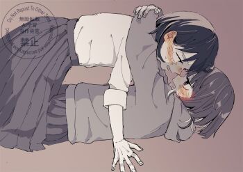 2girls arms_around_neck blush brown_background commentary_request ear_blush eye_contact fujii_ayame futsuu_no_keion-bu greyscale_with_colored_background hatono_chihiro highres hood hoodie kanminec0 long_sleeves looking_at_another medium_hair multiple_girls open_mouth pleated_skirt school_uniform skirt sleeves_rolled_up tears watermark yuri