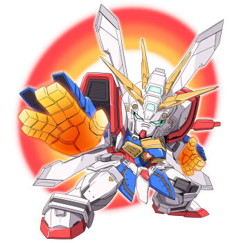 aitsugawa_rui bakunetsu_god_finger commentary g_gundam glowing glowing_eyes glowing_hand god_gundam green_eyes gundam highres hyper_mode_(gundam) mecha mecha_focus no_humans robot science_fiction simple_background solo super_robot v-fin white_background