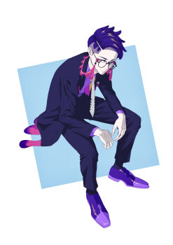 1boy absurdres black-framed_eyewear black_jacket black_pants black_socks closed_mouth collared_shirt commentary_request corbeau_(pokemon) glasses grey_necktie highres invisible_chair jacket long_sleeves male_focus necktie nintendo open_clothes open_jacket pants pokemon pokemon_legends:_z-a purple_shirt purple_shoes round_eyewear shirt shoes short_hair sitting socks solo tenka_(ghuv7584) yellow_eyes