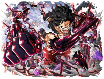 1boy abs attack black_hair blue_shorts bodskih clenched_hands destruction full_body gear_fourth gear_fourth:_snakeman haki_(one_piece) hat jumping looking_at_viewer monkey_d._luffy muscular non-web_source official_art one_piece one_piece_treasure_cruise open_mouth punching scar scar_on_chest shiny_skin short_hair shorts solo steam straw_hat transparent_background unworn_hat unworn_headwear