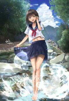 5girls aruhi_(pyxk7325) barefoot blue_sailor_collar blue_skirt blue_sky blurry bokeh brown_hair bush clothes_lift cloud cloudy_sky commentary commentary_request crop_top cropped_shirt day depth_of_field english_commentary grey_eyes hand_up highres lifting_own_clothes light_rays looking_at_viewer medium_hair midriff miniskirt mixed-language_commentary multiple_girls navel neckerchief open_mouth original outdoors pleated_skirt red_neckerchief rock sailor_collar scenery school_uniform serafuku shirt short_sleeves simple_bird skirt skirt_lift sky smile solo_focus splashing stairs standing straight-on stream sunbeam sunlight tree wading water white_shirt