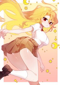 absurdres ahoge blonde_hair blush breasts brown_shoes brown_skirt cowboy_shot don_quixote_(project_moon) dutch_angle floating_hair from_behind from_below gradient_background highres kneehighs large_breasts long_hair looking_at_viewer looking_back miniskirt neck_ribbon outside_border pmchell_04 red_ribbon ribbon running sancho_(project_moon) shiny_skin shirt shoes simple_background skirt socks thighhighs wavy_hair white_shirt white_socks zettai_ryouiki