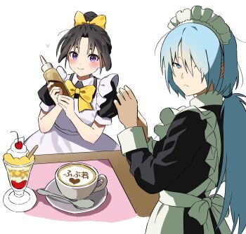 2boys alternate_costume alternate_hairstyle apron black_dress black_hair blue_eyes blush bottle bow bowtie cherry closed_mouth coffee collared_dress commentary_request crossdressing crossdressing_(mtf) cup dress enmaided food frilled_apron frills from_above frown fruit fubuki_(nige_jouzu_no_wakagimi) hair_bow hair_bun hair_over_one_eye heart highres hikobe_fubuki holding holding_bottle houjou_tokiyuki_(nige_jouzu_no_wakagimi) korean_commentary latte_art long_sleeves looking_at_viewer low_ponytail maid maid_headdress male_focus male_maid mug multiple_boys nige_jouzu_no_wakagimi one_eye_covered parfait ponytail puffy_short_sleeves puffy_sleeves purple_eyes saucer short_sleeves single_hair_bun sleeve_cuffs smile spoon table trap whipped_cream white_apron white_background wing_collar wolf_cut yellow_bow yellow_bowtie