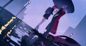 Rule 34 | 1boy, 1girl, ahoge, alternate costume, backpack, bag, coat, coat on shoulders, fate/grand order, fate (series), fomnant, formal clothes, fujimaru ritsuka (female), full body, fur-trimmed coat, fur trim, grey hair, highres, holding, holding umbrella, jacket, long sleeves, orange hair, pinstripe jacket, pinstripe pattern, pinstripe suit, rain, red coat, shirt, skirt, suit, takeda shingen (fate), takeda shingen (first ascension) (fate), umbrella