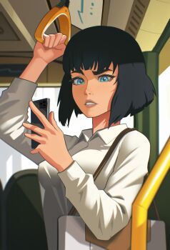 Rule 34 | 1girl, bad id, bad twitter id, bag, black hair, blue eyes, breasts, bus interior, handbag, handrail, highres, holding, holding phone, kill la kill, kiryuuin satsuki, lem, light blush, looking at viewer, medium breasts, medium hair, parted lips, phone, see-through clothes, shirt, solo, teeth, thick eyebrows, upper body, white bag, white shirt