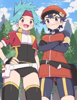 2girls bike_shorts bike_shorts_under_skirt black_eyes black_hair black_leotard black_thighhighs blue_hair closed_mouth cropped_jacket crossed_arms dress hand_on_own_hip hat headband highres jacket leotard looking_at_viewer multiple_girls nintendo open_mouth orange_dress orange_hat outdoors pokemon pokemon_masters_ex pokemon_ranger_(pokemon) pumpkinpan red_eyes red_headband red_jacket short_dress smile solana_(pokemon) standing thighhighs tree