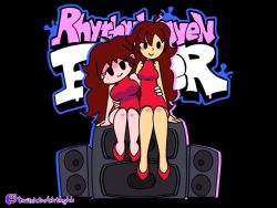2girls alternate_costume animated audible_music bare_legs bouncing_breasts breasts casual crossed_legs crossover dress friday_night_funkin&#039; girlfriend_(friday_night_funkin&#039;) implied_yuri large_breasts live2d minuspal mob_face multiple_girls music red_dress rhythm_girl rhythm_tengoku size_difference skin_tone_difference small_breasts sound synced_to_music tagme thighs video wiimote