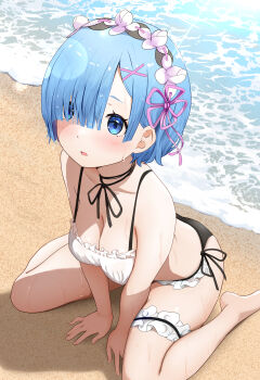 1girl absurdres beach bikini blue_eyes blue_hair blush breasts cleavage commentary_request gibun_(sozoshu) hair_ornament hair_over_one_eye hair_ribbon highres looking_at_viewer medium_breasts parted_lips pink_ribbon re:zero_kara_hajimeru_isekai_seikatsu rem_(re:zero) revision ribbon sand short_hair solo swimsuit thighs wet wet_hair white_bikini x_hair_ornament