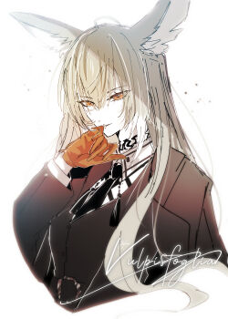 1girl animal_ears arknights black_jacket black_necktie blonde_hair character_name fox_ears fox_girl gloves highres jacket layered_sleeves long_hair long_sleeves mrok_69 necktie one-hour_drawing_challenge orange_eyes orange_gloves shirt solo vulpisfoglia_(arknights) white_background