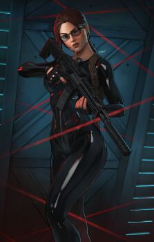 1girl black_bodysuit black_gloves bodysuit brown_hair clip_studio_paint_(medium) dalejomej fingerless_gloves gloves gun highres holding holding_gun holding_weapon indoors lara_croft latex latex_bodysuit signature solo sunglasses tinted_eyewear tomb_raider weapon weapon_request