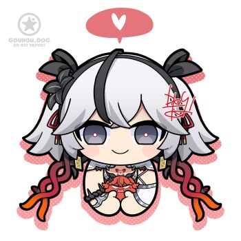 1girl animalization artist_logo black_eyes black_flower blake_bloom_(wuthering_waves) blush_stickers camellya_(wuthering_waves) camellya_mascot_(meme) closed_mouth commentary dog-san dual_persona earrings flower gold_earrings grey_hair hair_flower hair_ornament hair_ribbon heart highres holding jewelry logo looking_at_viewer meme red_pupils red_ribbon ribbon short_hair short_twintails simple_background smile solo spoken_heart straight-on symbol-only_commentary tacet_mark_(wuthering_waves) twintails white_background wuthering_waves