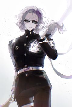 1boy aotsuki_eito armband black_jacket black_pants closed_eyes commentary commission cowboy_shot english_commentary eyeliner facing_viewer gakuran gloves grey_hair hand_up highres holding holding_weapon hole_in_chest hole_on_body jacket last_defense_academy_school_uniform long_hair makeup male_focus pants parted_lips r314dor red_eyeliner school_uniform second-party_source smile solo sunglasses the_hundred_line_-last_defense_academy- weapon white_armband white_background white_gloves wind