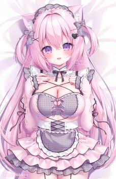 1girl animal_ear_fluff animal_ears bed_sheet blush bow breasts cat_ears cleavage commentary_request dress grey_bow grey_hairband hair_between_eyes hairband hands_on_own_chest highres large_breasts long_hair long_sleeves looking_at_viewer lying momochi_chia on_back open_mouth original pink_dress pink_hair purple_eyes signature solo very_long_hair