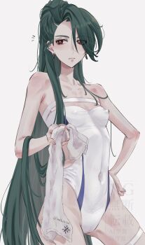 1girl alternate_costume blush breasts bright_pupils covered_erect_nipples covered_navel cowboy_shot ear_piercing green_eyes hand_on_own_hip long_hair looking_to_the_side mtkpasta nintendo one-piece_swimsuit piercing pokemon pokemon_scarlet_and_violet red_eyes rika_(pokemon) small_breasts solo swimsuit thigh_strap towel