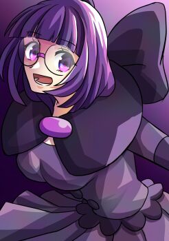 1girl blunt_bangs bob_cut bow breasts cleavage elbow_gloves glasses gloves highres kyanesun_happy large_bow low-cut neck_pillow nintendo open_mouth pokemon pokemon_bw purple_eyes purple_hair purple_skirt rimless_eyewear round_eyewear shauntal_(pokemon) short_hair skirt smile