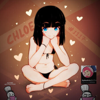 1boy 1girl anklet artist_name artist_self-insert barefoot bikini black_bikini black_hair blue_eyes blunt_bangs blunt_ends blush_stickers bob_cut bracelet breasts brown_background character_name chef_hat chloe_(srgrafo) clenched_hands closed_mouth colored_inner_hair dot_nose english_text feet front-tie_bikini_top front-tie_top hat head_rest heart indian_style jewelry looking_at_viewer medium_hair multicolored_hair multiple_views navel original red_hair screenshot_inset side-tie_bikini_bottom sitting small_breasts smile srgrafo swimsuit two-tone_hair