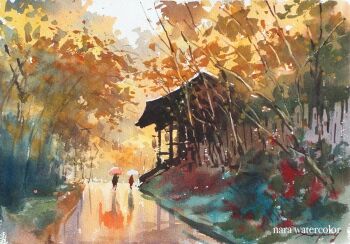 2others artist_name autumn autumn_leaves bare_tree day holding holding_umbrella leaf multiple_others nara_watercolor no_humans original painting_(medium) park path road scenery shadow shelter traditional_media tree umbrella watercolor_(medium)