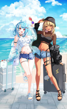 2girls absurdres ahoge beach bikini black_choker black_hair black_hat black_jacket black_sandals blonde_hair blue_hair blue_shorts blue_sky blush braid breasts choker cloud commentary_request denim denim_shorts earrings fang frilled_bikini frills full_body hat heart highres holding holding_removed_eyewear jacket jewelry kaminari_qpi looking_at_viewer medium_breasts mika_uni multicolored_hair multiple_girls navel ocean open_clothes open_jacket open_mouth orange_hair outdoors rolling_suitcase sandals see-through_clothes see-through_jacket see-through_shirt shiranami_ramune shirt shorts sky standing suitcase sunglasses swimsuit teeth thigh_strap two-tone_hair unworn_eyewear virtual_youtuber vspo! white_bikini white_hair white_sandals