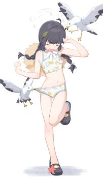 1girl absurdres bikini bird black_hair blue_archive braid crocs hair_ornament hat highres hip_bones leaf_hair_ornament leaf_print low_twintails miyu_(blue_archive) open_mouth panties panty_pull ri-el seagull solo straw_hat swimsuit tears tugging twin_braids twintails underwear white_background white_bikini