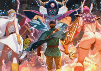 2girls 3boys armor ass bikini_armor blue_tunic blurry commentary curly_hair depth_of_field dragon_quest dragon_quest_iii dress electricity erdrick's_sword from_behind grey_hair group_picture hero_(dq3) holding holding_shield holding_sword holding_weapon itou_satoshi long_hair martial_artist_(dq3) multiple_boys multiple_girls purple_hair revision roto_(dq3) sage_(dq3) shield short_hair shoulder_armor spiked_hair strapless strapless_dress sword tunic warrior_(dq3) weapon white_dress zoma