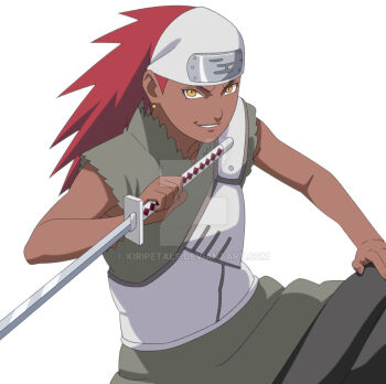 Rule 34 | 1girl, artist name, brown eyes, dark-skinned female, dark skin, deviantart logo, deviantart username, highres, holding, holding sword, holding weapon, karui (naruto), katana, kiripetals, looking at viewer, naruto (series), red hair, reverse grip, simple background, solo, sword, watermark, weapon, web address, white background