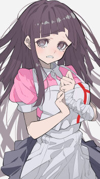 Rule 34 | 1girl, absurdres, apron, bandaged arm, bandages, black skirt, breasts, brown hair, collared shirt, commentary, crying, crying with eyes open, danganronpa (series), danganronpa 2: goodbye despair, hands up, highres, large breasts, long hair, looking at viewer, mearumie, mole, mole under eye, own hands together, pink shirt, pleated skirt, puffy short sleeves, puffy sleeves, shirt, short sleeves, skirt, solo, tareme, tears, tsumiki mikan, white apron
