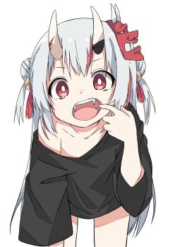 1girl bare_legs bell bent_over black_shirt bright_pupils collarbone commission cowboy_shot double_bun fangs hair_bell hair_bun hair_ornament hand_up highres hololive horns jingle_bell long_hair looking_at_viewer mask mask_on_head mouth_pull multicolored_hair nakiri_ayame oni_mask open_mouth oversized_clothes oversized_shirt red_eyes red_hair red_mask sasakungoodsize second-party_source shirt simple_background single_bare_shoulder skin-covered_horns solo straight-on streaked_hair t-shirt tassel tassel_hair_ornament teeth three-quarter_sleeves two_side_up v-bangs virtual_youtuber white_background white_hair white_horns white_pupils