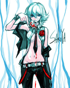 Rule 34 | 1girl, alcohol, alternate costume, belt, blood, blue eyes, braid, breasts, contemporary, cosplay, cup, denim, drinking glass, female focus, flower, groin, hair ribbon, izayoi sakuya, jeans, medium breasts, navel, necktie, open clothes, open shirt, pants, ribbon, shirt, silver hair, sketch, sleeveless, sleeveless shirt, solo, tima, touhou, vanessa (cosplay), wine, wine glass