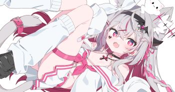 Rule 34 | 1girl, :d, animal ears, bandaid, bandaid on leg, bare shoulders, bikini, bikini under clothes, black hairband, black shoes, blush, braid, bright pupils, broken heart facial mark, cat ears, cat girl, cat tail, commentary request, commission, crossed bangs, facial mark, fang, foot out of frame, grey hair, hair between eyes, hairband, highres, jacket, long hair, long sleeves, looking at viewer, miniskirt, multicolored hair, off shoulder, open mouth, original, pink eyes, pink hair, pleated skirt, shoes, simple background, skeb commission, skin fang, skirt, sleeves past fingers, sleeves past wrists, smile, socks, solo, streaked hair, swimsuit, tail, tail belt, thigh strap, two-tone hair, urotsuki (ku9625), white background, white bikini, white jacket, white pupils, white skirt, white socks