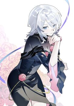 1girl black_dress blue_eyes breasts cleavage closed_mouth dress faust_(project_moon) flower gala9960 hashtag-only_commentary highres limbus_company official_alternate_costume pink_flower pink_rose project_moon rose see-through_cleavage see-through_clothes short_hair solo two-sided_dress two-sided_fabric white_hair wide_sleeves
