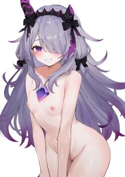 1girl absurdres armpit_crease asymmetrical_horns blush breasts chest_jewel choker cleft_of_venus commentary completely_nude dorahd01 english_commentary fake_horns female_pubic_hair gem grey_hair grin hair_flaps hair_over_one_eye hairband hand_jewel highres hololive hololive_english horn_hairband horns jewel_under_eye koseki_bijou koseki_bijou_(gore_magala) long_hair looking_at_viewer multicolored_hair navel nipples nude one_eye_covered pubic_hair purple_eyes purple_gem purple_hair pussy sidelocks simple_background small_breasts smile solo sparse_pubic_hair swept_bangs teeth uneven_horns virtual_youtuber white_background