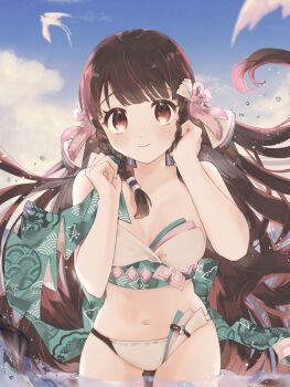 Rule 34 | 1girl, ataro, bikini, bird, blue sky, blunt bangs, braid, brown eyes, brown hair, closed mouth, cloud, cowboy shot, floating hair, gluteal fold, hair ornament, hands up, light blush, long hair, looking at viewer, multicolored bikini, navel, rulutieh, side braid, sky, smile, solo, swept bangs, swimsuit, utawarerumono, very long hair, wading, water, white bikini