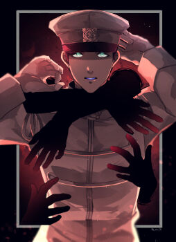 Rule 34 | 1boy, aqua eyes, artist name, aru16, commentary request, gloves, gokuto jihen, hands up, highres, hug, hug from behind, kinoshita (gokuto jihen), long sleeves, looking at viewer, male focus, military uniform, parted lips, solo focus, white gloves