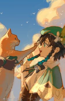 2boys animal beret black_hair blue_hair braid cat cloud cloudy_sky colored_tips d_ying5022 genshin_impact gloves green_eyes green_hat hair_between_eyes hat highres holding holding_animal holding_cat male_focus multicolored_hair multiple_boys open_mouth outstretched_paw side_braid sky sweatdrop twin_braids twitter_username upper_body venti_(genshin_impact) xiao_(genshin_impact)