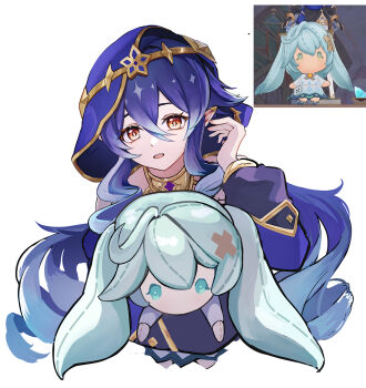 1girl blue_hair character_doll commentary_request doll faruzan_(genshin_impact) genshin_impact hair_between_eyes hand_up highres hood jewelry layla_(genshin_impact) long_hair long_sleeves looking_at_viewer multiple_views neck_ring open_mouth pointy_ears shubun_(user_gxsx8757) simple_background very_long_hair white_background yellow_eyes