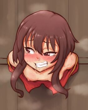 1girl bare_shoulders bent_over blush breasts clenched_teeth dress drooling female_focus furrowed_brow half-closed_eyes highres implied_sex kono_subarashii_sekai_ni_shukufuku_wo! loli looking_to_the_side megumin nipples no_bra off_shoulder pillory public_use randomboobguy rape restrained saliva sidelocks small_breasts smile snot solo stationary_restraints stuck tears teeth through_wall upper_body wall wavy_mouth