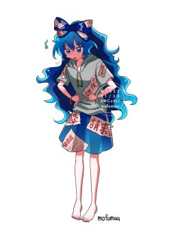 1girl artist_name bangle barefoot blue_bow blue_eyes blue_hair blue_skirt bow bracelet commentary_request full_body grey_hoodie hair_bow hood hoodie jewelry long_hair looking_at_viewer maa_(forsythia1729) open_mouth short_sleeves simple_background skirt solo toes touhou very_long_hair watermark white_background yorigami_shion