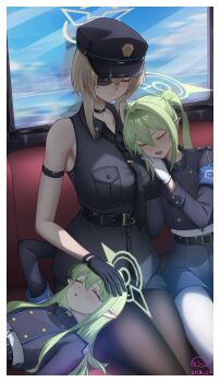 3girls absurdres aifankuendefeng black_gloves black_hat blonde_hair blue_archive breasts closed_eyes closed_mouth coat eyepatch gloves green_eyes green_hair green_halo halo hat highres hikari_(blue_archive) large_breasts long_hair long_sleeves looking_at_viewer multiple_girls nozomi_(blue_archive) one_eye_covered pantyhose peaked_cap pointy_ears siblings sleeveless smile solo suou_(blue_archive) twins twintails white_gloves white_pantyhose yellow_halo