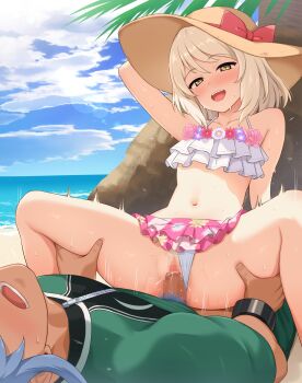 1boy 1girl absurdres alice_(queen_of_the_beach)_(tales) alice_(tales) arm_up beach bikini bikini_bottom_pull blonde_hair blue_hair blue_sky blush bodysuit bow bowtie censored clothed_sex clothes_pull collarbone colored_pubic_hair commission cowgirl_position cuffs diving_suit eyes_out_of_frame female_pubic_hair floral_print floral_print_bikini flower frilled_bikini frills girl_on_top hat head_out_of_frame hetero hibiscus_petals highres holding_another's_legs long_hair looking_down male_pubic_hair male_swimwear mosaic_censoring motion_lines muscular muscular_male navel ocean official_alternate_costume open_mouth outdoors palm_tree penis pink_flower print_bikini pubic_hair purple_flower pussy_juice red_bow red_bowtie red_flower regal_bryan regal_bryan_(swimmer) sand sex short_hair sky smile stomach straddling sun_hat sweat swimsuit tales_of_(series) tales_of_asteria tales_of_link tales_of_symphonia tales_of_symphonia:_dawn_of_the_new_world tales_of_the_rays tree tsuruyama_(tenten) vaginal wetsuit white_bikini white_flower wrist_cuffs yellow_eyes zipper