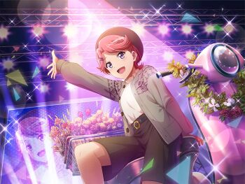 1girl arm_up belt beret black_belt brown_hat brown_jacket brown_shorts flower_request game_cg hair_ornament hairclip hat isurugi_futaba jacket long_sleeves looking_at_viewer motor_vehicle official_art on_scooter open_clothes open_jacket open_mouth purple_eyes red_hair scooter screen shirt shorts shoujo_kageki_revue_starlight shoujo_kageki_revue_starlight_-re_live- sitting solo spotlight stage_lights white_shirt