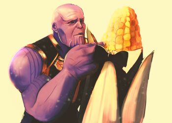 1boy bald black_bow black_bowtie bow bowtie closed_mouth colored_skin commission corn d-cookie-deactivated20210317 green_eyes hand_up looking_at_another looking_at_object male_focus marvel marvel muscular muscular_male purple_skin simple_background sleeveless thanos tuxedo veins yellow_background