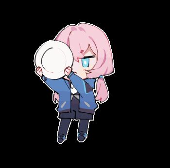 1girl :&lt; animated animated_gif arknights black_pantyhose black_shoes black_shorts blue_eyes blue_jacket blue_poison_(arknights) blush broken_plate chibi closed_eyes closed_mouth commentary english_commentary full_body hair_between_eyes holding holding_plate jacket long_hair long_sleeves low_twintails open_clothes open_jacket pantyhose pantyhose_under_shorts pink_hair plate ruri_(dailybloopy) shirt shoes short_shorts shorts simple_background solo transparent_background twintails very_long_hair white_shirt