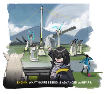 3girls arknights arknights:_endfield black_coat black_hair blue_sky call_of_duty call_of_duty:_advanced_warfare chen_qianyu_(arknights) coat commentary endministrator_(arknights) english_commentary english_text eye_mask female_endministrator_(arknights) field grey_hair haonfest highres long_sleeves looking_at_viewer mask mountainous_horizon multiple_girls outdoors outstretched_arm perlica_(arknights) pointing scene_reference sky subtitled tower