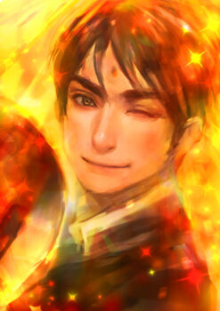 1boy axis_powers_hetalia bindi brown_hair green_eyes hat india_(hetalia) looking_at_viewer lotus_(elico) male_focus one_eye_closed realistic smile solo sparkle thick_eyebrows unworn_hat unworn_headwear wink