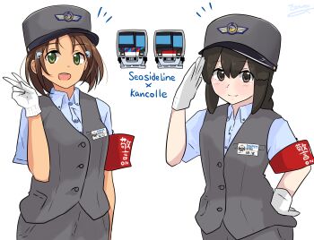 2girls :d armband blouse blue_shirt bob_cut brown_eyes brown_hair copyright_name dolphin_hair_ornament employee_uniform green_eyes grey_headwear grey_vest hat highres isonami_(kancolle) isonami_(train_conductor)_(kancolle) isonami_(train_conductor_mode)_(kancolle) kantai_collection kepi looking_at_viewer military_hat multiple_girls name_tag noruren official_alternate_costume open_mouth salute shibaguchi_konomi shirt short_hair simple_background smile tetsudou_musume train v vest white_background yokohama_seaside_line