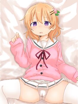 Rule 34 | 1girl, arm at side, bed sheet, blonde hair, blush, breasts, buttons, dakimakura (medium), female focus, flower, from above, gochuumon wa usagi desu ka?, hair flower, hair ornament, hairclip, hand up, hoto cocoa, large variant set, long sleeves, looking at viewer, lying, medium hair, miniskirt, neck ribbon, on back, open mouth, panties, peeing, peeing self, pink shirt, pleated skirt, ponnu (tnpn2yw), purple eyes, purple ribbon, raised eyebrows, ribbon, sailor collar, school uniform, shirt, sidelocks, skirt, small breasts, solo, spread legs, thighhighs, underwear, variant set, wet, wet clothes, wet panties, white background, white panties, white sailor collar, white thighhighs